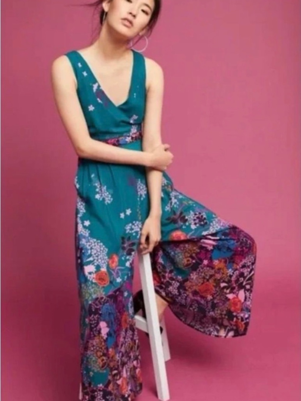 Anthropologie Maeve Teal Andalusia Floral Jumpsuit Size 4 - Picture 2 of 15